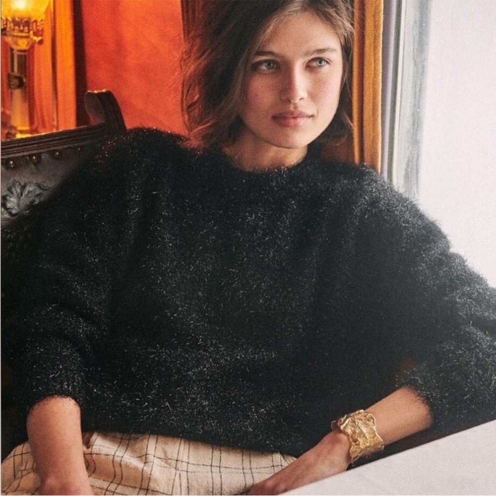 Sezane Zephir Black Sparkle Sweater Women’s  XS Alpaca Mohair Fuzzy Open‎ Back